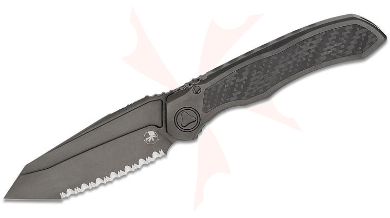 Microtech Anax Manual Folding Knife 3.7 inch M390 Black DLC Tanto Serrated Blade, Black DLC Integral Titanium Handle with Carbon Fiber Inlay