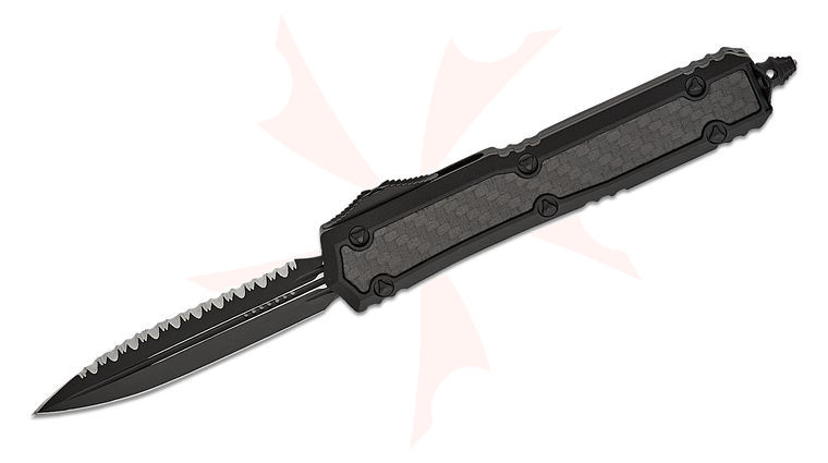 Microtech 206-3TCFIS Signature Series Makora Tactical OTF AUTO 3.3 inch Black Plain/Serrated Double Edge Dagger Blade, Black Aluminum Handles with Carbon Fiber Inlays