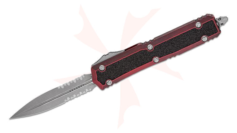 Microtech 206-11APWRDS Signature Series Makora OTF AUTO 3.3 inch Apocalyptic Double Combo Edge Dagger Blade, Weathered Red Aluminum Handles with Black Traction Inlays