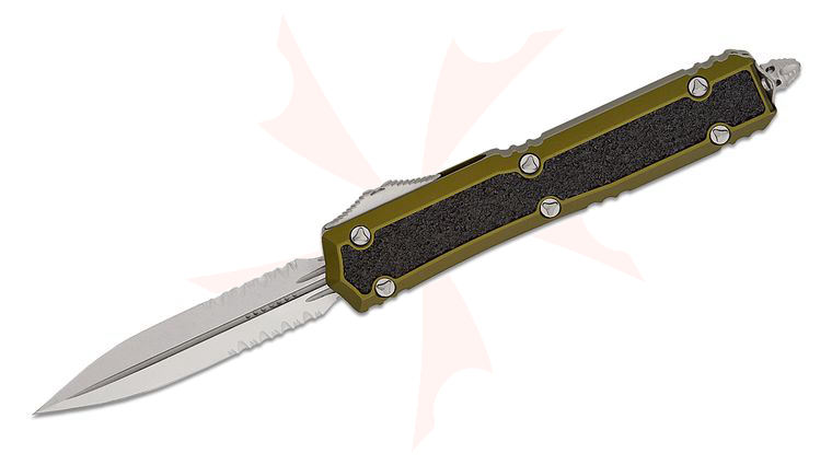 Microtech 206-11ODS Signature Series Makora OTF AUTO 3.3 inch Stonewashed Double Combo Edge Dagger Blade, OD Green Aluminum Handles with Black Traction Inlays