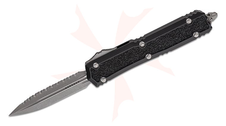 Microtech 206-12APS Signature Series Makora OTF AUTO 3.3 inch Apocalyptic Plain/Serrated Double Edge Dagger Blade, Black Aluminum Handles with Black Traction Inlays