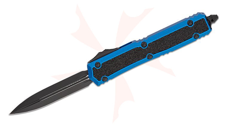 Microtech 206-1BLS Signature Series Makora OTF AUTO 3.3 inch Black Double Edge Dagger Blade, Blue Aluminum Handles with Black Traction Inlays