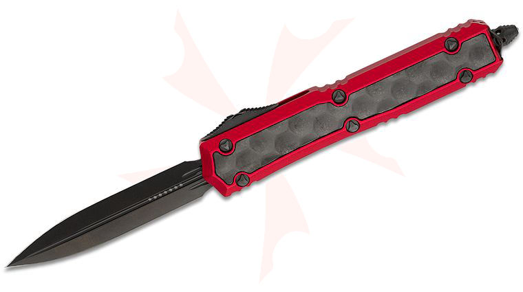 Microtech 206-1DLCTRDBIS Signature Series Makora OTF AUTO 3.3 inch Black Double Edge Dagger Blade, Red Aluminum Handles with Black DLC Bubble Titanium Inlays, Nickel Boron Internals