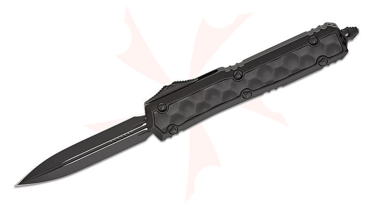 Microtech 206-1TBIS Signature Series Makora Tactical OTF AUTO 3.3 inch Black Double Edge Dagger Blade, Black Aluminum Handles with Black Brute Bubble Inlays