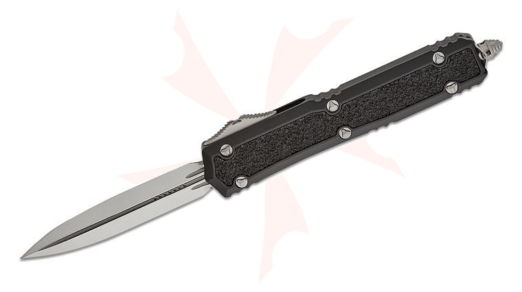 Microtech 206-4S Signature Series Makora OTF AUTO 3.3 inch Satin Double Edge Dagger Blade, Black Aluminum Handles with Black Traction Inlays