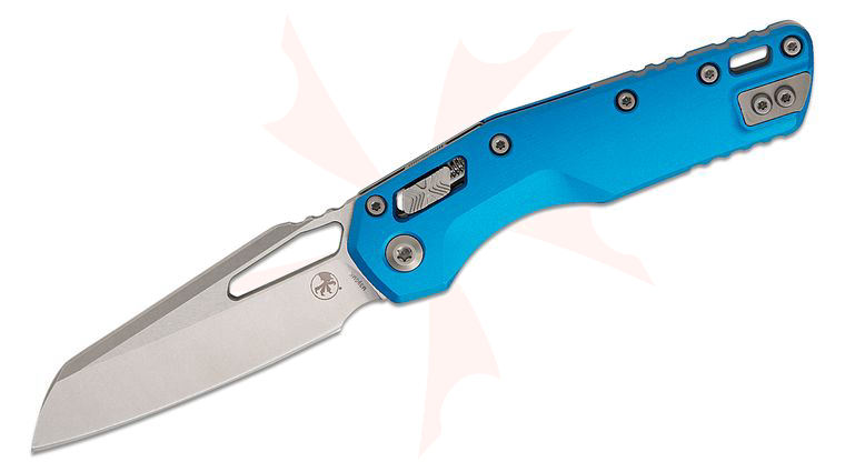 Microtech 210-10BL MSI RAM-LOK Manual Folding Knife 3.88 inch Bohler M390MK Stonewashed Modified Sheepsfoot Plain Blade, Blue Slab Aluminum Handles