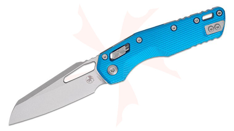 Microtech 210-10FLBL MSI RAM-LOK Manual Folding Knife 3.88 inch Bohler M390MK Stonewashed Modified Sheepsfoot Plain Blade, Fluted Blue Aluminum Handles