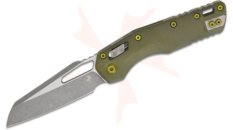 Microtech 210-10FLDGG-U25 MSI RAM-LOK Manual Folding Knife 3.88 inch Bohler M390MK Apocalyptic Modified Sheepsfoot Plain Blade, Fluted Distressed Grenade Green Aluminum Handles