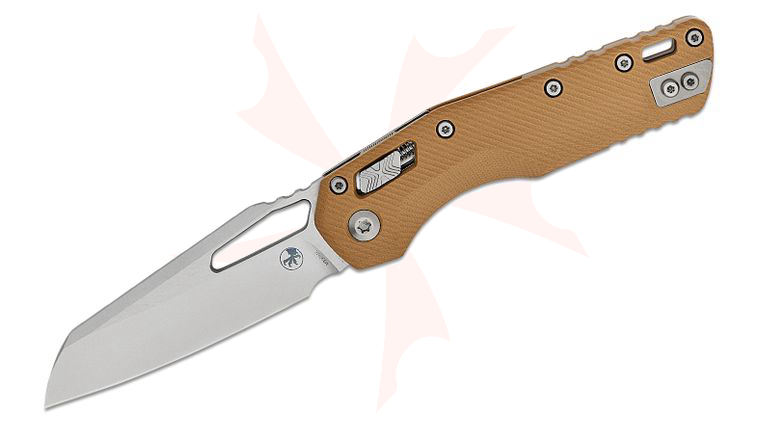 Microtech 210-10FLGTTA MSI RAM-LOK Manual Folding Knife 3.88 inch Bohler M390MK Stonewashed Modified Sheepsfoot Plain Blade, Fluted Tan G10 Handles