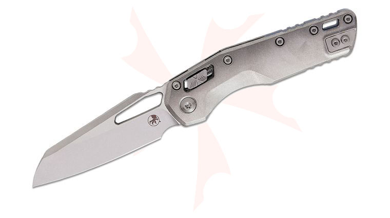 Microtech 210-10MS2 Marfione Select MSI RAM-LOK Manual Folding Knife 3.88 inch Bohler M390MK Stonewashed Modified Sheepsfoot Plain Blade and Slab Titanium Handles, Blue Titanium Accents
