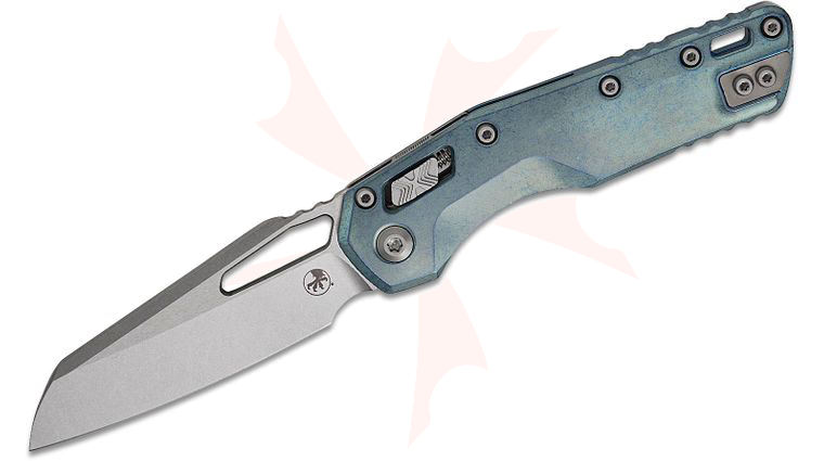Microtech 210-10MS6 Marfione Select MSI RAM-LOK Manual Folding Knife 3.88 inch Bohler M390MK Stonewashed Modified Sheepsfoot Plain Blade, Ice Blue Slab Titanium Handles, Blue Titanium Accents