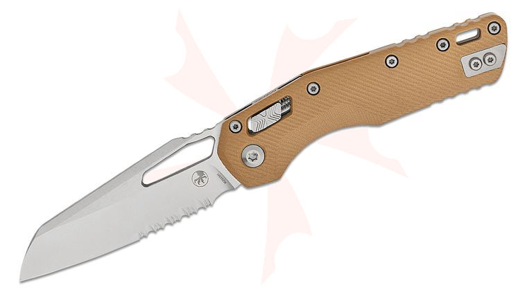 Microtech 210-11FLGTTA MSI RAM-LOK Manual Folding Knife 3.88 inch Bohler M390MK Stonewashed Modified Sheepsfoot Combo Blade, Fluted Tan G10 Handles