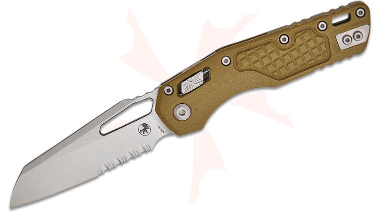 Microtech MSI  inchLawnman inch RAM-LOK Manual Folding Knife 3.88 inch Bohler M390MK Stonewashed Modified Sheepsfoot Combo Blade, OD Green Frag G10 Handles, Green Spacer