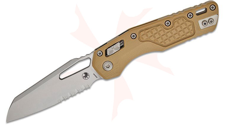 Microtech MSI 210-11FRGTTA RAM-LOK Manual Folding Knife 3.88 inch Bohler M390MK Stonewashed Modified Sheepsfoot Combo Blade, Tan Frag G10 Handles