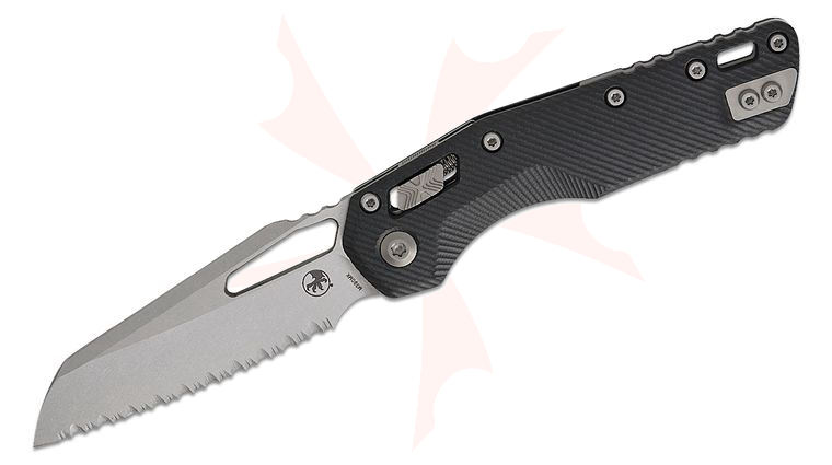 Microtech 210-12FLGTBK MSI RAM-LOK Manual Folding Knife 3.88 inch Bohler M390MK Stonewashed Modified Sheepsfoot Serrated Blade, Fluted Black G10 Handles