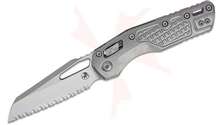 Microtech 210-12FRMS3 Marfione Select MSI RAM-LOK Manual Folding Knife 3.88 inch Bohler M390MK Stonewashed Modified Sheepsfoot Serrated Blade and Frag Titanium Handles, Purple Titanium Accents