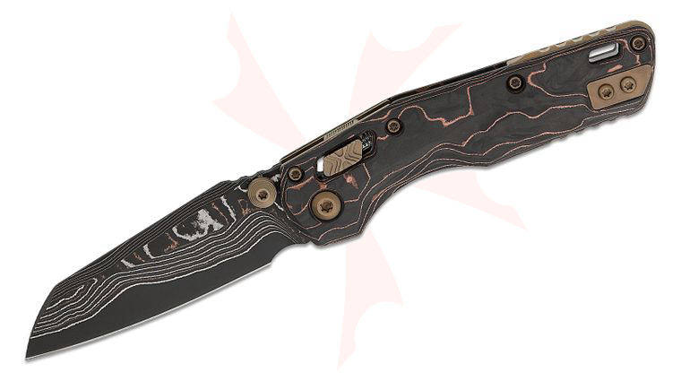 Microtech 210M-16MS1 Marfione Select MSI Mini RAM-LOK Manual Folding Knife 3.19 inch BF CopperMai Elite Damascus Modified Sheepsfoot Blade, Slab Live Wire Carbon Fiber Handles, Bronze Accent, Reversible Deep Carry Clip