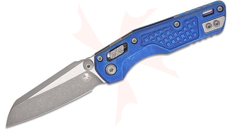 Microtech 210M-10APFRMS2 Marfione Select MSI Mini RAM-LOK Manual Folding Knife 3.19 inch M390MK Apocalyptic Modified Sheepsfoot Plain Blade, Antique Blue Frag Titanium Handles, Reversible Deep Carry Clip