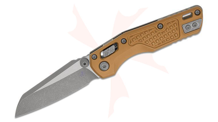 Microtech 210M-10APFRTA MSI Mini RAM-LOK Manual Folding Knife 3.19 inch Bohler M390MK Apocalyptic Modified Sheepsfoot Plain Blade, Tan Frag Aluminum Handles, Reversible Deep Carry Clip