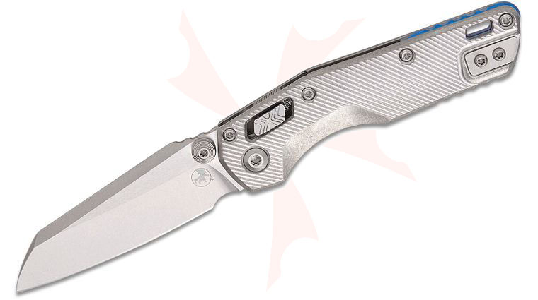 Microtech 210M-10FLMS3 Marfione Select MSI Mini RAM-LOK Manual Folding Knife 3.19 inch M390MK Stonewashed Modified Sheepsfoot Plain Blade and Fluted Titanium Handles, Blue Accent, Reversible Deep Carry Clip