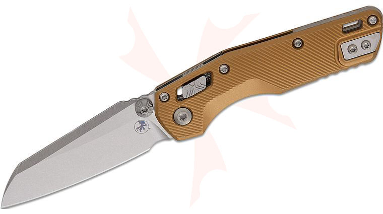 Microtech 210M-10FLTA MSI Mini RAM-LOK Manual Folding Knife 3.19 inch M390MK Stonewashed Modified Sheepsfoot Plain Blade, Tan Fluted Aluminum Handles, Reversible Deep Carry Clip