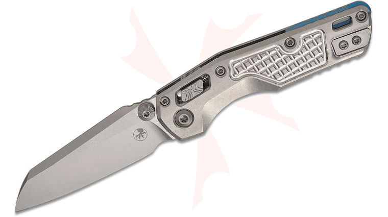 Microtech 210M-10FRMS3 Marfione Select MSI Mini RAM-LOK Manual Folding Knife 3.19 inch Bohler M390MK Stonewashed Modified Sheepsfoot Plain Blade and Frag Titanium Handles, Blue Accent, Reversible Deep Carry Clip