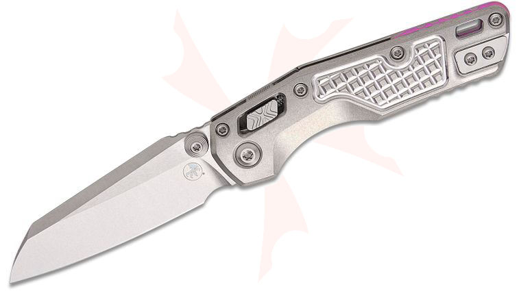 Microtech 210M-10FRMS4 Marfione Select MSI Mini RAM-LOK Manual Folding Knife 3.19 inch M390MK Stonewashed Modified Sheepsfoot Plain Blade and Frag Titanium Handles, Purple Accent, Reversible Deep Carry Clip