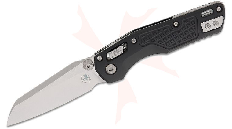 Microtech 210M-10FR MSI Mini RAM-LOK Manual Folding Knife 3.19 inch M390MK Stonewashed Modified Sheepsfoot Plain Blade, Black Frag Aluminum Handles, Reversible Deep Carry Clip