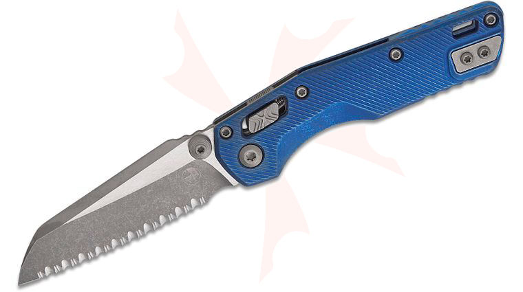 Microtech 210M-12APFLMS2 Marfione Select MSI Mini RAM-LOK Manual Folding Knife 3.19 inch Bohler M390MK Apocalyptic Modified Sheepsfoot Serrated Blade, Antique Blue Fluted Titanium Handles, Reversible Deep Carry Clip