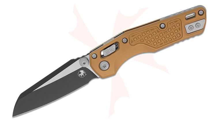 Microtech 210M-1FRTA MSI Mini RAM-LOK Manual Folding Knife 3.19 inch Bohler M390MK Black Modified Sheepsfoot Plain Blade, Tan Frag Aluminum Handles, Reversible Deep Carry Clip