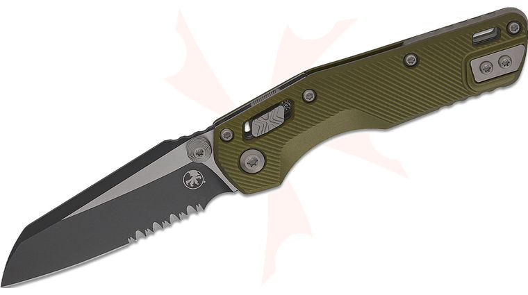 Microtech 210M-2FLOD MSI Mini RAM-LOK Manual Folding Knife 3.19 inch M390MK Black Modified Sheepsfoot Combo Blade, OD Green Fluted Aluminum Handles, Reversible Deep Carry Clip