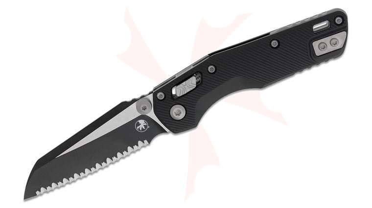 Microtech 210M-3FL MSI Mini RAM-LOK Manual Folding Knife 3.19 inch M390MK Black Modified Sheepsfoot Serrated Blade, Black Fluted Aluminum Handles, Reversible Deep Carry Clip