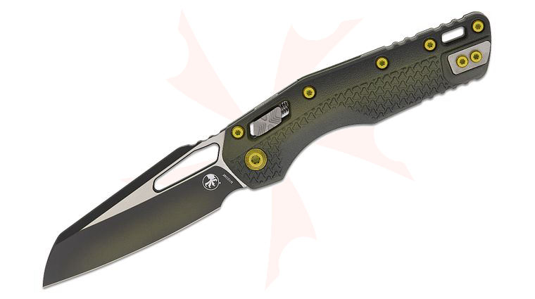 Microtech 210T-1PMFBO MSI RAM-LOK Manual Folding Knife 3.88 inch Bohler M390MK Faded Bazooka Cerakote Modified Sheepsfoot Plain Blade and Tri-Grip Injection Molded Polymer Handles, Yellow Hardware