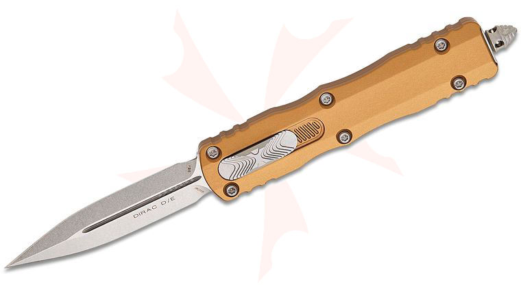 Microtech 225-10TA Dirac AUTO OTF Knife 2.92 inch Stonewashed Double Edge Dagger Blade, Tan Aluminum Handles