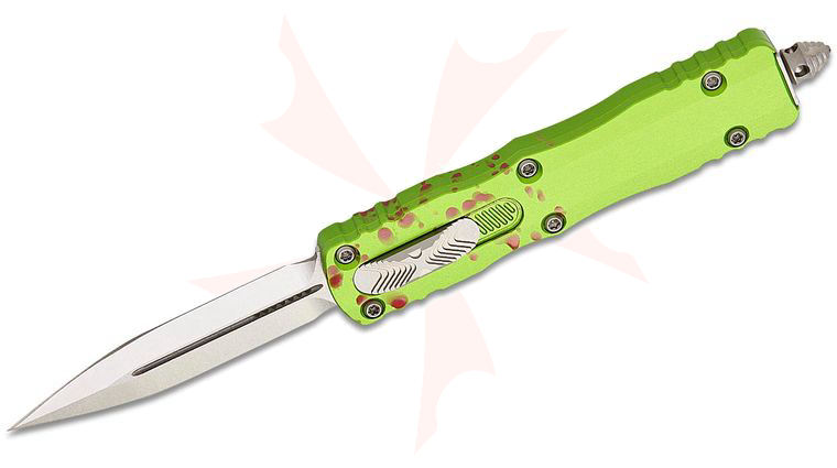 Microtech 225-10Z Dirac AUTO OTF Knife 2.92 inch Stonewashed Double Edge Dagger Blade, Zombie Green Aluminum Handles