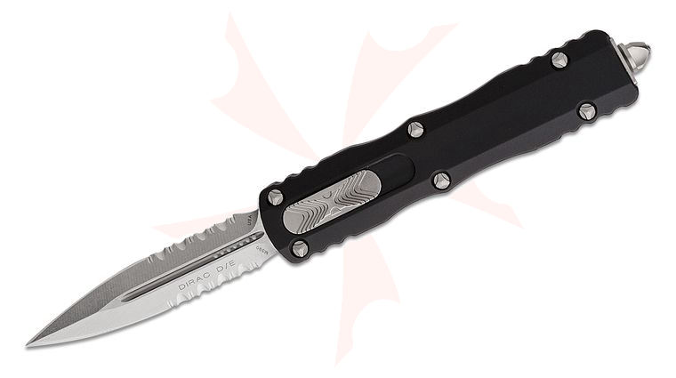 Microtech 225-11 Dirac AUTO OTF Knife 2.92 inch Stonewashed Double Combo Edge Dagger Blade, Black Aluminum Handles