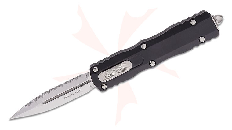 Microtech 225-12 Dirac AUTO OTF Knife 2.92 inch Stonewashed Plain/Serrated Double Edge Dagger Blade, Black Aluminum Handles