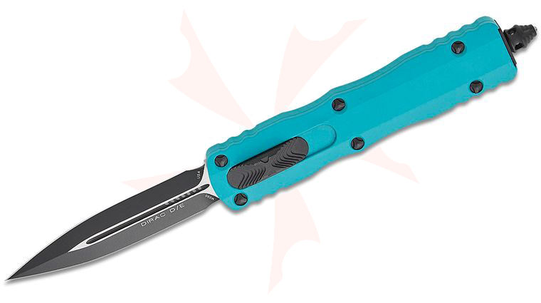 Microtech 225-1CN Dirac AUTO OTF Knife 2.92 inch Black Double Edge Dagger Blade, Cyan Aluminum Handles