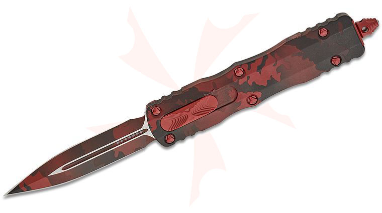 Microtech 225-1RCS Signature Series Dirac AUTO OTF Knife 2.92 inch Red Camo Double Edge Dagger Blade, Red Camo Aluminum Handles