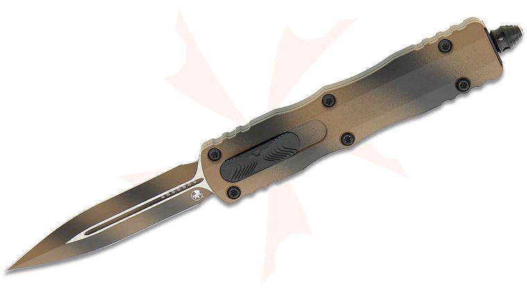 Microtech 225-1TAWPS Signature Series Dirac AUTO OTF Knife 2.92 inch Tan War Paint Double Edge Dagger Blade and Aluminum Handles