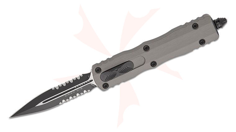 Microtech 225-2NC Dirac AUTO OTF Knife 2.92 inch Black Double Combo Edge Dagger Blade, Natural Clear Aluminum Handles