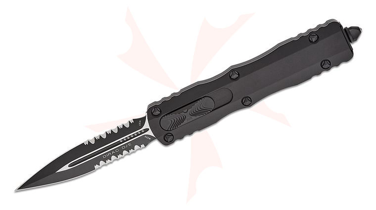 Microtech 225-2T Dirac Tactical AUTO OTF Knife 2.92 inch Black Double Combo Edge Dagger Blade, Black Aluminum Handles