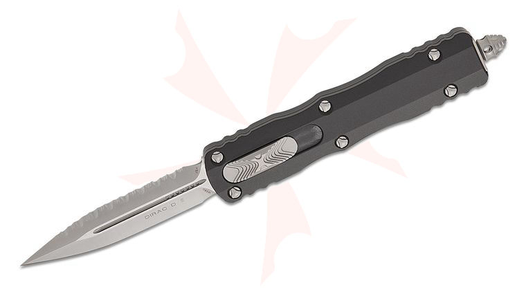 Microtech 225-6 Dirac AUTO OTF Knife 2.92 inch Satin Plain/Serrated Double Edge Dagger Blade, Black Aluminum Handles
