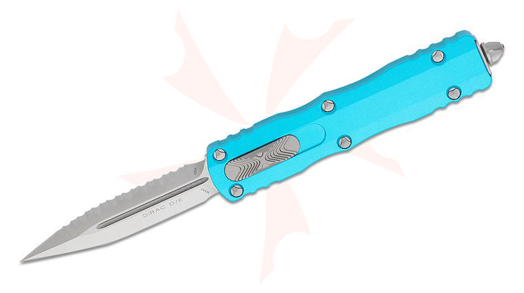 Microtech 225-6TQ Dirac AUTO OTF Knife 2.92 inch Satin Plain/Serrated Double Edge Dagger Blade, Turquoise Aluminum Handles