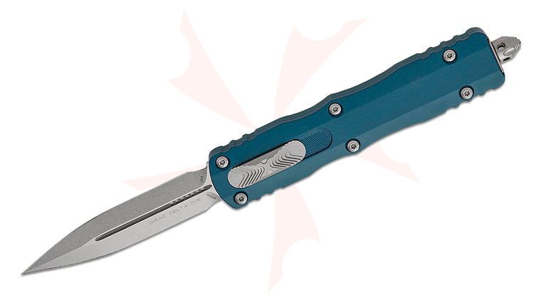 Microtech 227-10DO Dirac Delta AUTO OTF Knife 3.79 inch M390MK Stonewashed Double Edge Dagger Blade, Deep Ocean Aluminum Handles