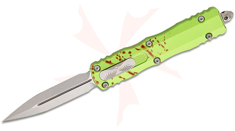 Microtech 227-10Z Dirac Delta AUTO OTF Knife 3.79 inch Stonewashed Double Edge Dagger Blade, Zombie Green Aluminum Handles