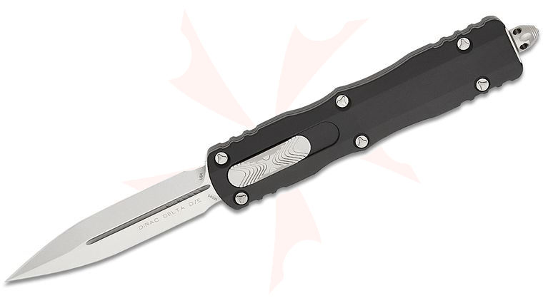 Microtech 227-10 Dirac Delta AUTO OTF Knife 3.79 inch Stonewashed Double Edge Dagger Blade, Black Aluminum Handles