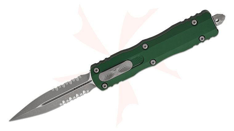 Microtech 227-11APEG Dirac Delta AUTO OTF Knife 3.79 inch M390MK Apocalyptic Double Combo Edge Dagger Blade, Emerald Green Aluminum Handles