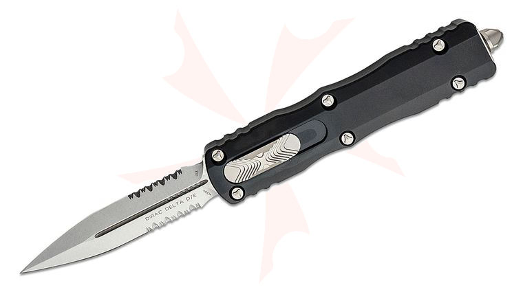 Microtech 227-11 Dirac Delta AUTO OTF Knife 3.79 inch Stonewashed Double Combo Edge Dagger Blade, Black Aluminum Handles