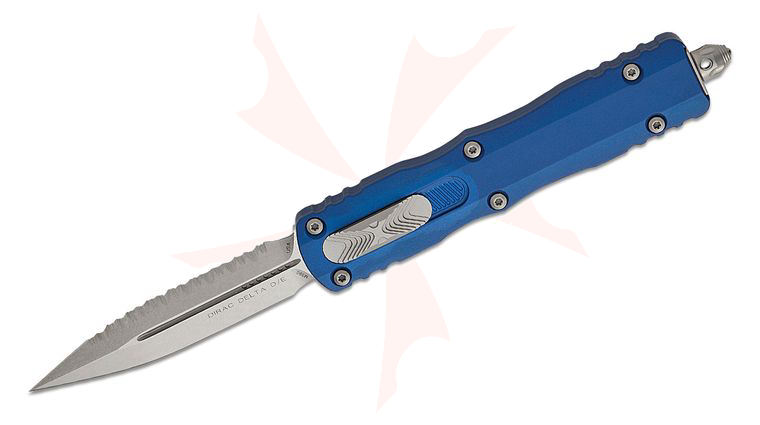 Microtech 227-12NA Dirac Delta AUTO OTF Knife 3.79 inch M390MK Stonewashed Plain/Serrated Double Edge Dagger Blade, Navy Blue Aluminum Handles